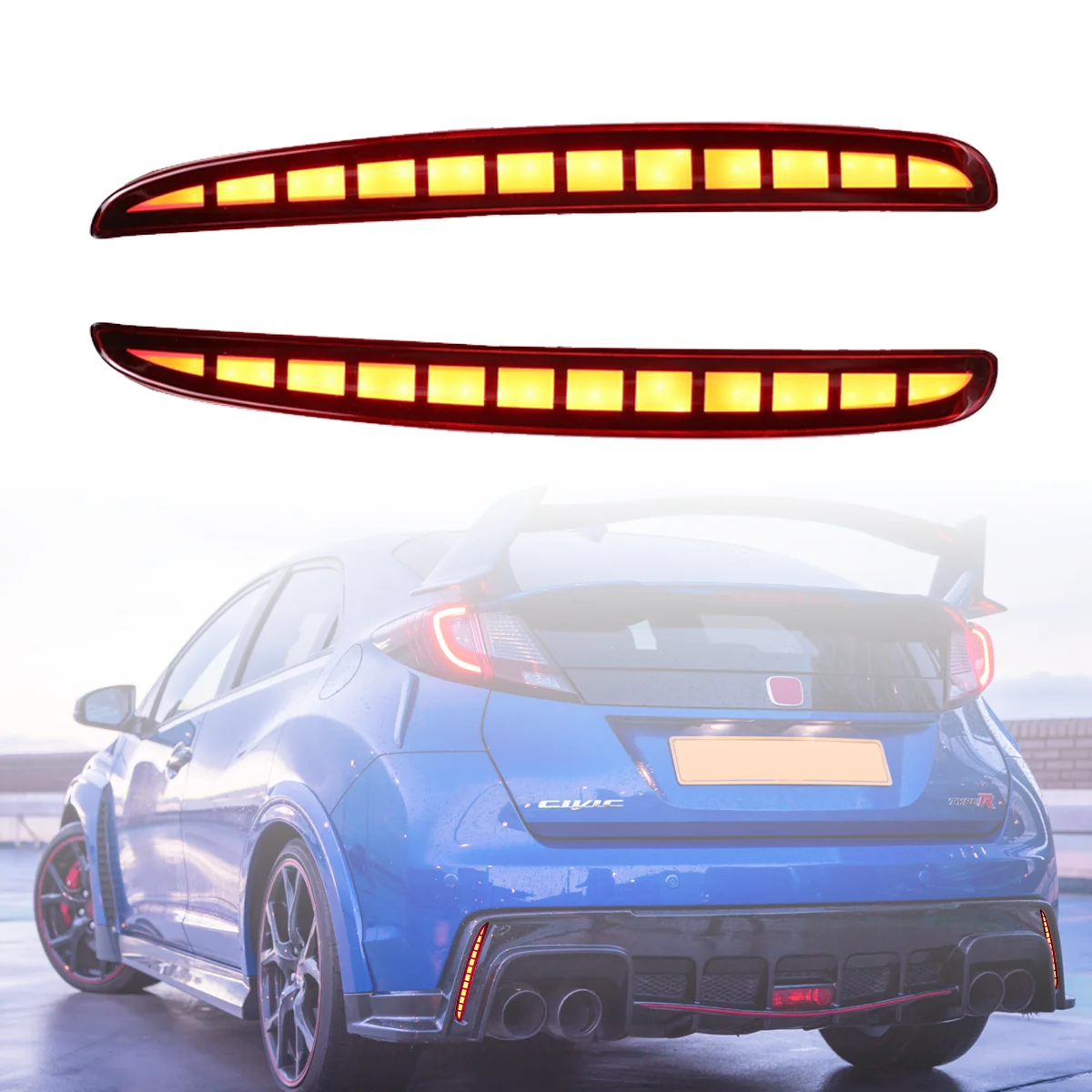 

2PCS Rear Bumper Reflector Light For Civic Type R 2016 - 2019 With 3 Function Hatchback BLACK RED LIGHT