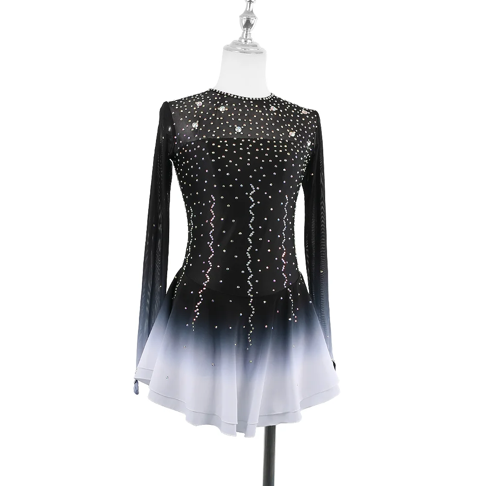 ZAGITOVA Figure Skating Dress For Women And Girls Long Sleeved Ice Skating Clothes Black And White Gradient With Rhinestones