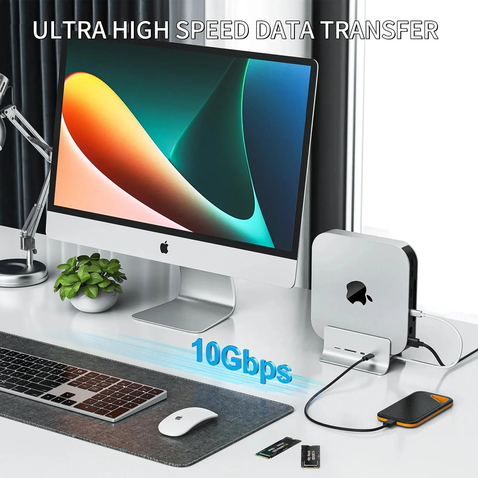 Minisopuru Mac Mini Dock Supports M.2 NVMe/SATA SSD with 2 USB C 10Gbps Data TF/SD Mac Mini Accessories for Mac Mini Hub Stand 5