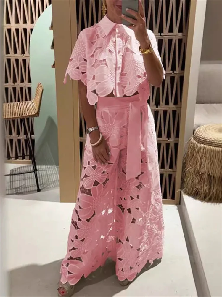Wmstar Two Piece Set Women Hollow Out  Wide Leg Pants Sets Matching Casual Lace Suit Suits Wholesale Dropshipping New Style