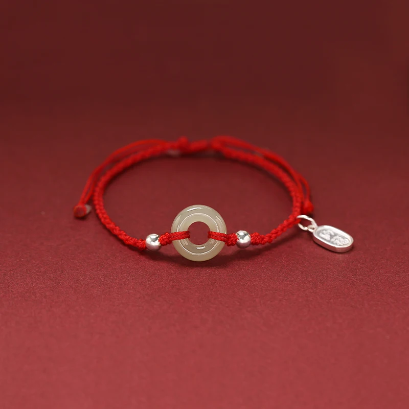 925 Sterling Silver Hetian Jade Peace Buckle Bracelet Red Rope Girls Woven Hand Rope Couple Style Hand Ornaments