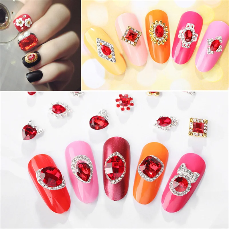 

10Pcs/Lot 3D Glitter Red Diamonds Nail Art Charms Rhinestones Luxury Alloy Crystal Gems Nail Art Jewelry DIY Nail Art Decoration
