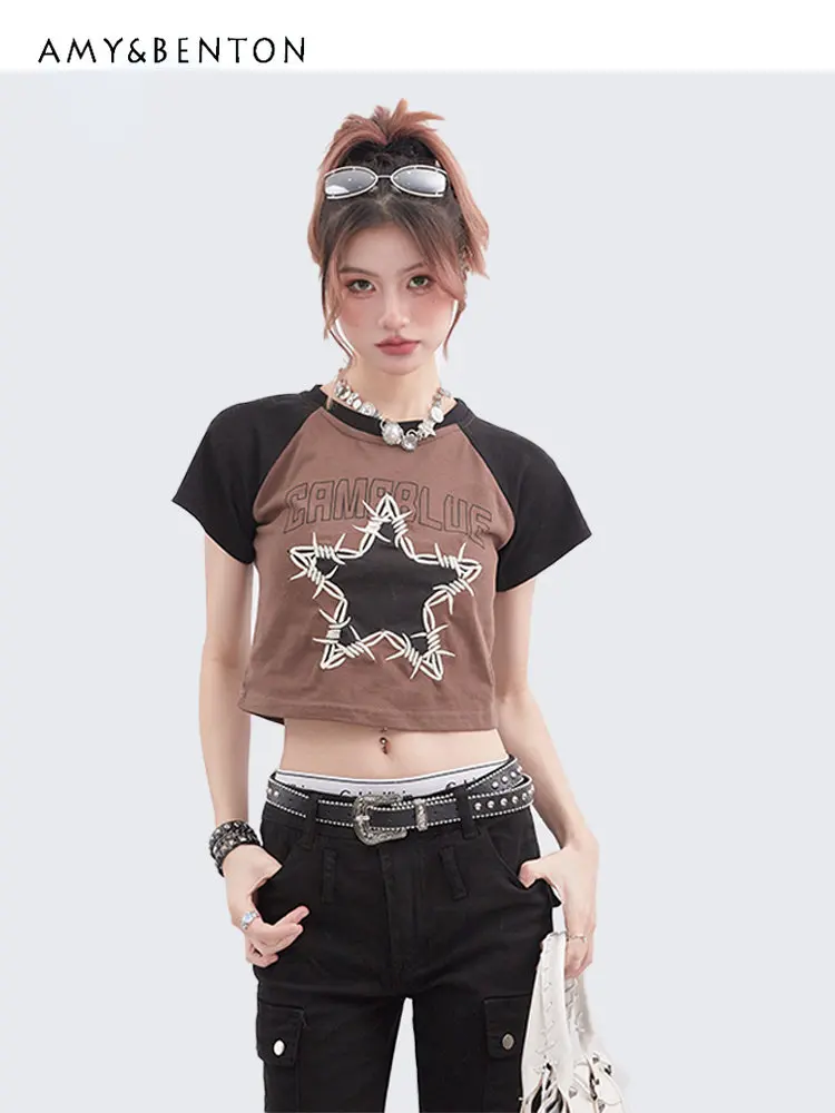 

American Retro Star Embroidered Printed Color Matching Short-Sleeve T-shirt Hot Girl Elastic Slim Fit Crop Top Y2k Summer Tshirt