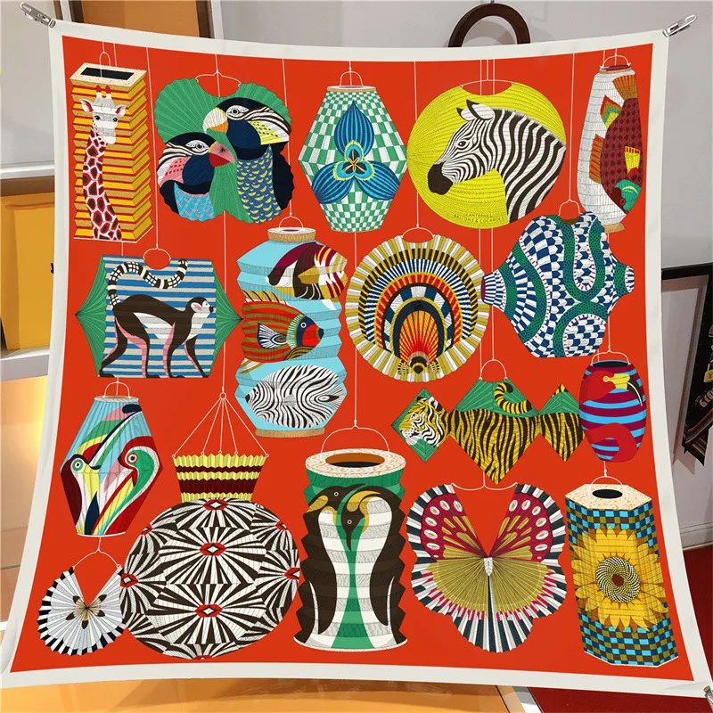 Luxury 90cm Twill Silk Checkered Horse Print Square Scarf Shawl
