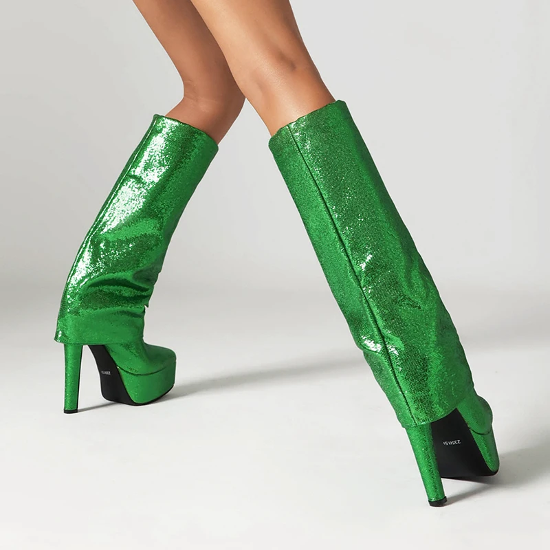 Kcenid Bling Bling Long Women Boots 2023 Winter Platform Blue High Heels Thick Bottom Slip On The Knee High Boots Woman Shoes