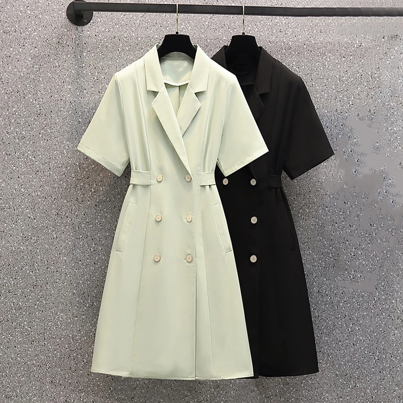 

Summer Long Thin Blazer Dress Women Korean Double Breasted Office Lady Elegant Dresses Chic Sashes Short Sleeve Clothes