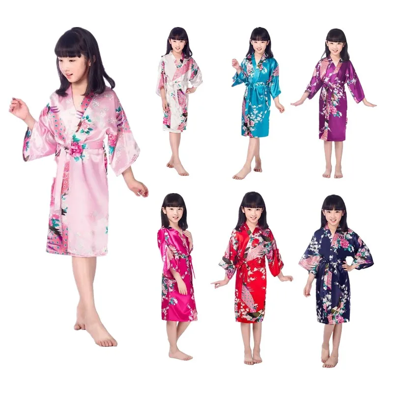 Child Bathrobe Kids Satin Floral Kimono Robe Flower Girl Peacock Bath Robes For Wedding Spa Party Gifts Bridal Lingerie Sleepwear Bathrobe