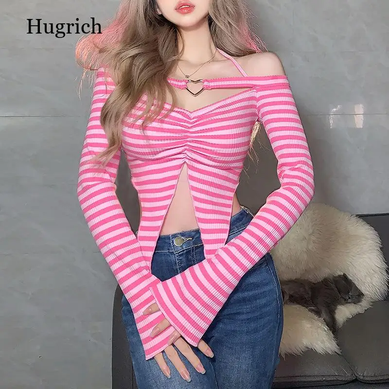 

Pink Stripe Crop Top Sexy Solid Hollow Out Halter Shirts Long Sleeve Off Shoulder T-Shirt Womancasual Spring Irregular Slim Tees