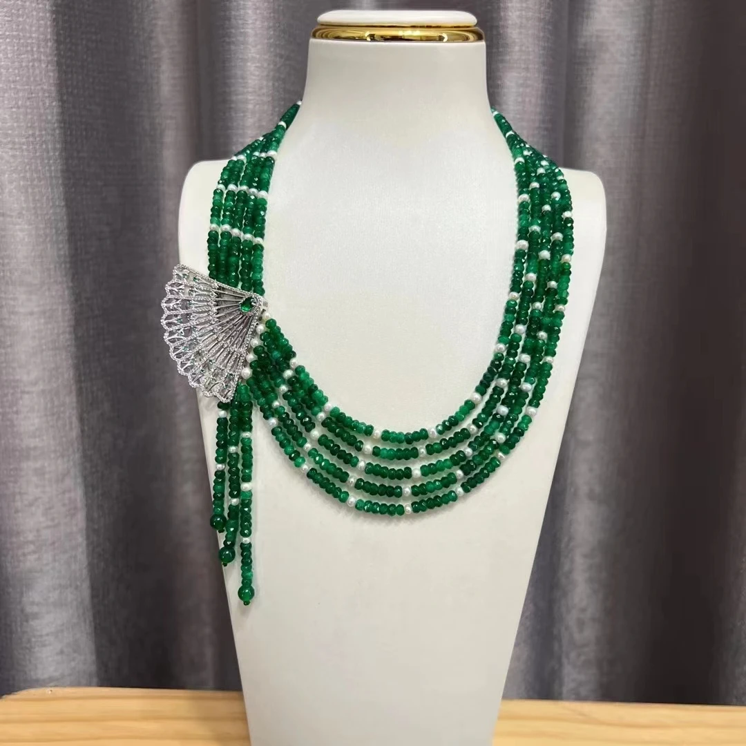 

5 Rows Natural Green Crystal and Pearl Necklace Pendant 20'' Muti Strands Necklace Handmade Women Gifts