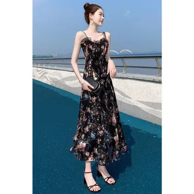 

Summer 2022 New Floral Chiffon Dress French Suspender Dress Long Dress Slim-Fit Tall-Looking Slimming Elegant Dress