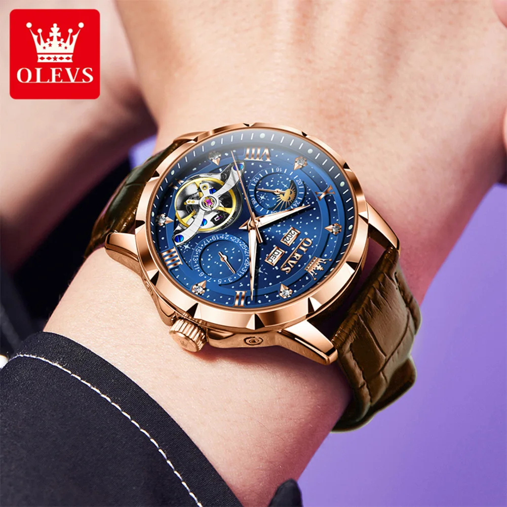 OLEVS 6690 Men's Watch Fashion Business Date Moon Phase Mechanical Men Watches Luxury Hollow Original Waterproof Watch For Men