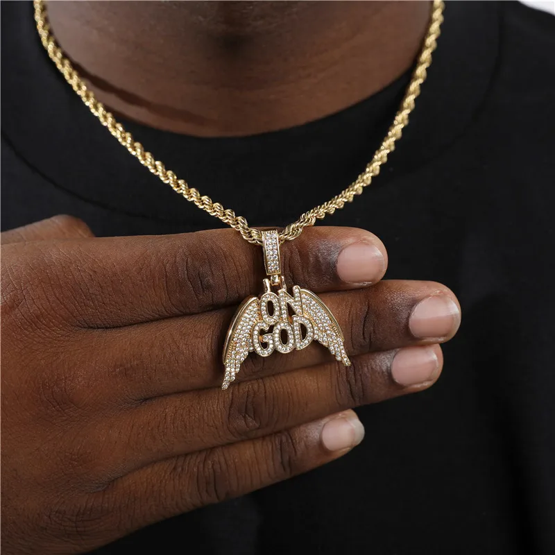 

Hip Hop Jewelry Fashion Gold Bling Iced Out CZ Chain Necklaces Women Men Statement God Wings Pendant Necklace