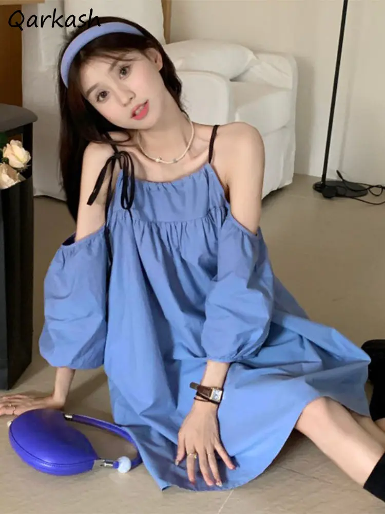 

Mini Dress for Women Solid Off Shoulder Design Loose Soft Casual Summer Sweet Korean Style Fashion Classic Vestido Feminino Ins