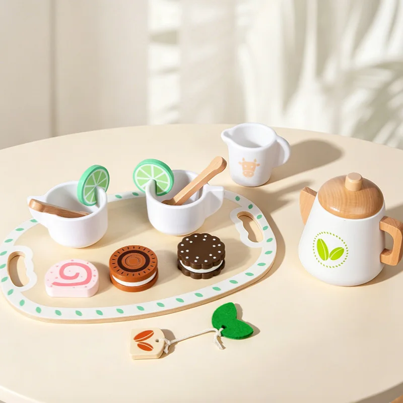 Kids Wooden Educational Toys Pretend Play Tea Dessert Set Role Play Game for Kindergarten Toddlers - 5
