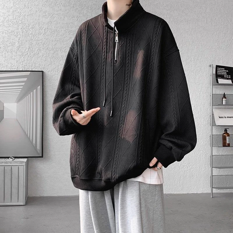 Spring Autumn Vintage Half Zip Long Sleeve Men Drawstring Sweatshirts Fashion Harajuku Oversized T Shirts Pullovers Black Beige