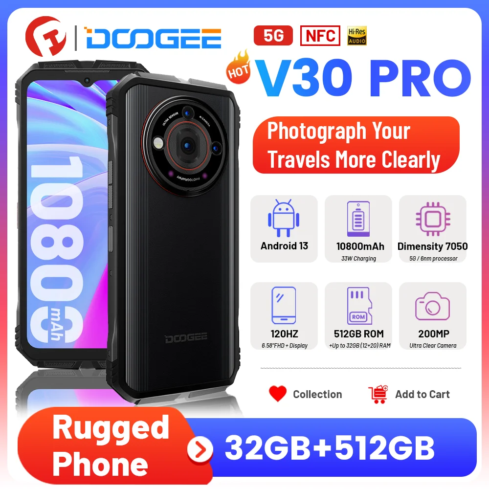 Doogee V30 Pro 200Mp 10800Mah Smartphone Robusto Dimensity 7050 5G Telefono 6.58 "Fhd 120Hz Display Android 13 32Gb + 512Gb Cellulare