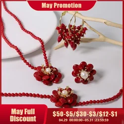 GLSEEVO Red Coral Natural Pearls Fashion Accessories Set Fine Woman Ring Earrings Necklace Luxury Customized Jewelry Wedding