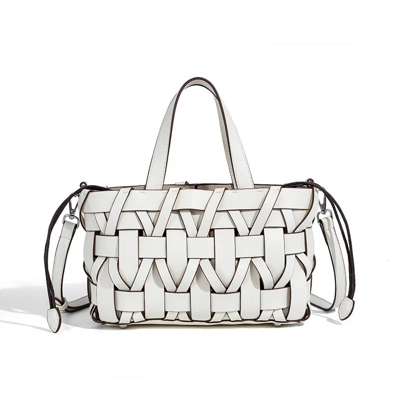 Fashionable Soft Leather Bucket Bag Women's Handbag Woven Hollow out Design Single Shoulder Crossbody Trendy New 2025