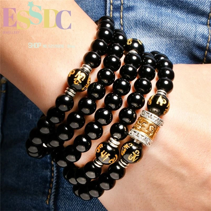 New Style 8mm Natural Black Obsidian Beads 108 Mala Buddhist Golden Barrel Charm Men and Women Prayer Strand Bracelet Wholesale
