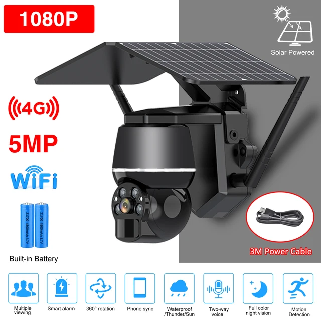 Camera solaire de surveillance extérieure PTZ IP WiFi 5MP4G 1080P