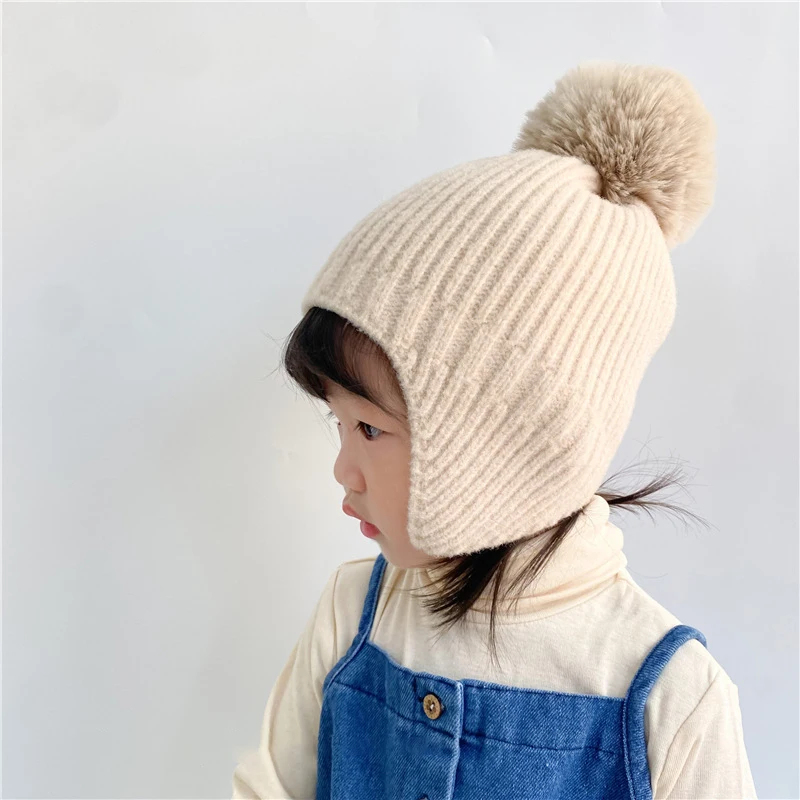 Winter Baby Beanie Hat With Earflap Fur Ball Winter Woolen Knitted