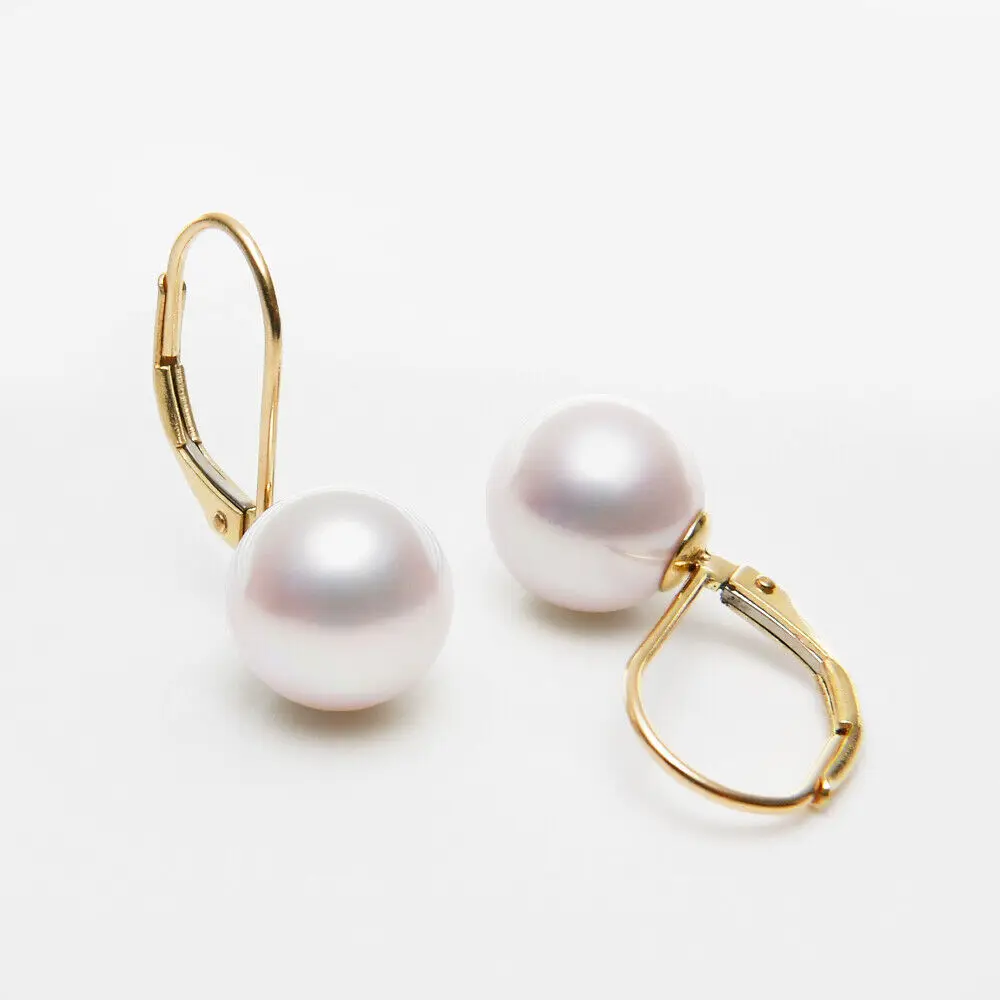 

Classic 9.1-9.3MM Round White FW Pearl Leverback Earrings In 14K Yellow Gold