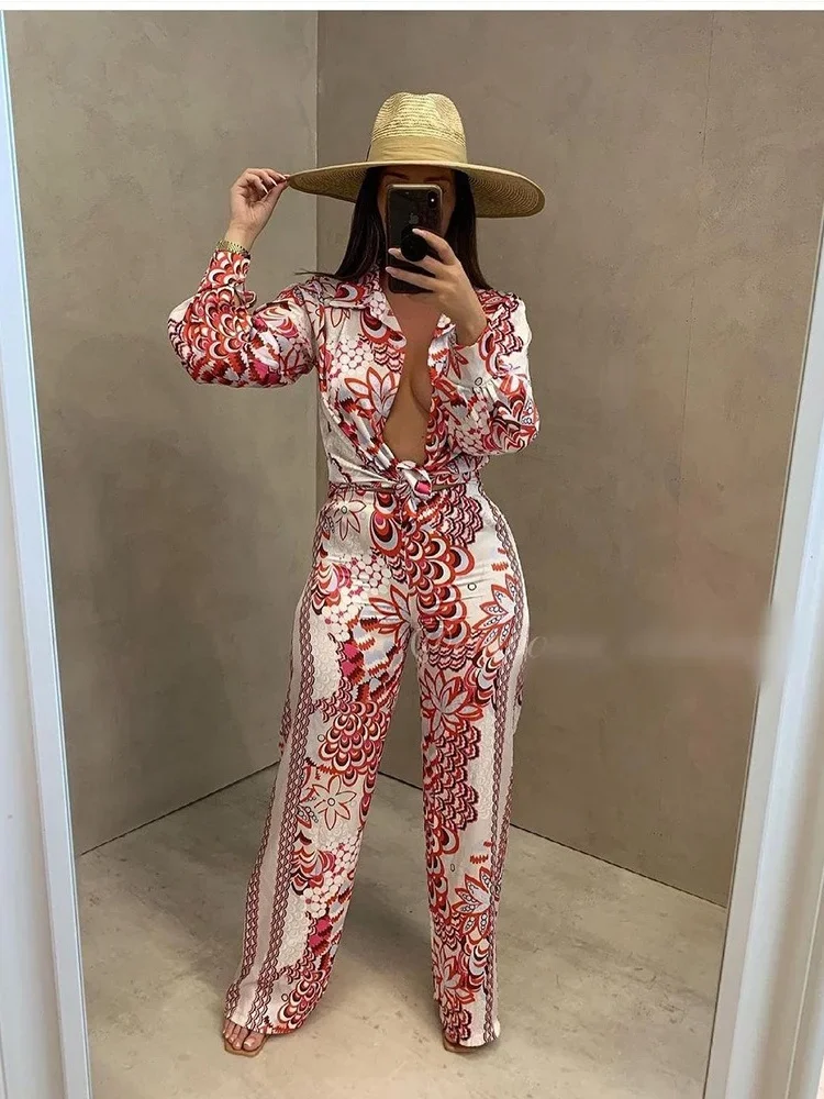 Wmstar Two Piece Set Women Autumn New Retro Printed Fashionable Casual Shirt Set Long Sleeved Pants Wholesale Dropshpping 2024