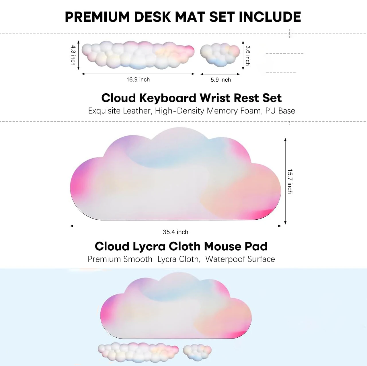 Cloud Keyboard Wrist Pad and Cloud Mouse Wrist Pad Set  Ergonomic Computer Desk Wrist Support Mousepad Rainbow Desk Mat