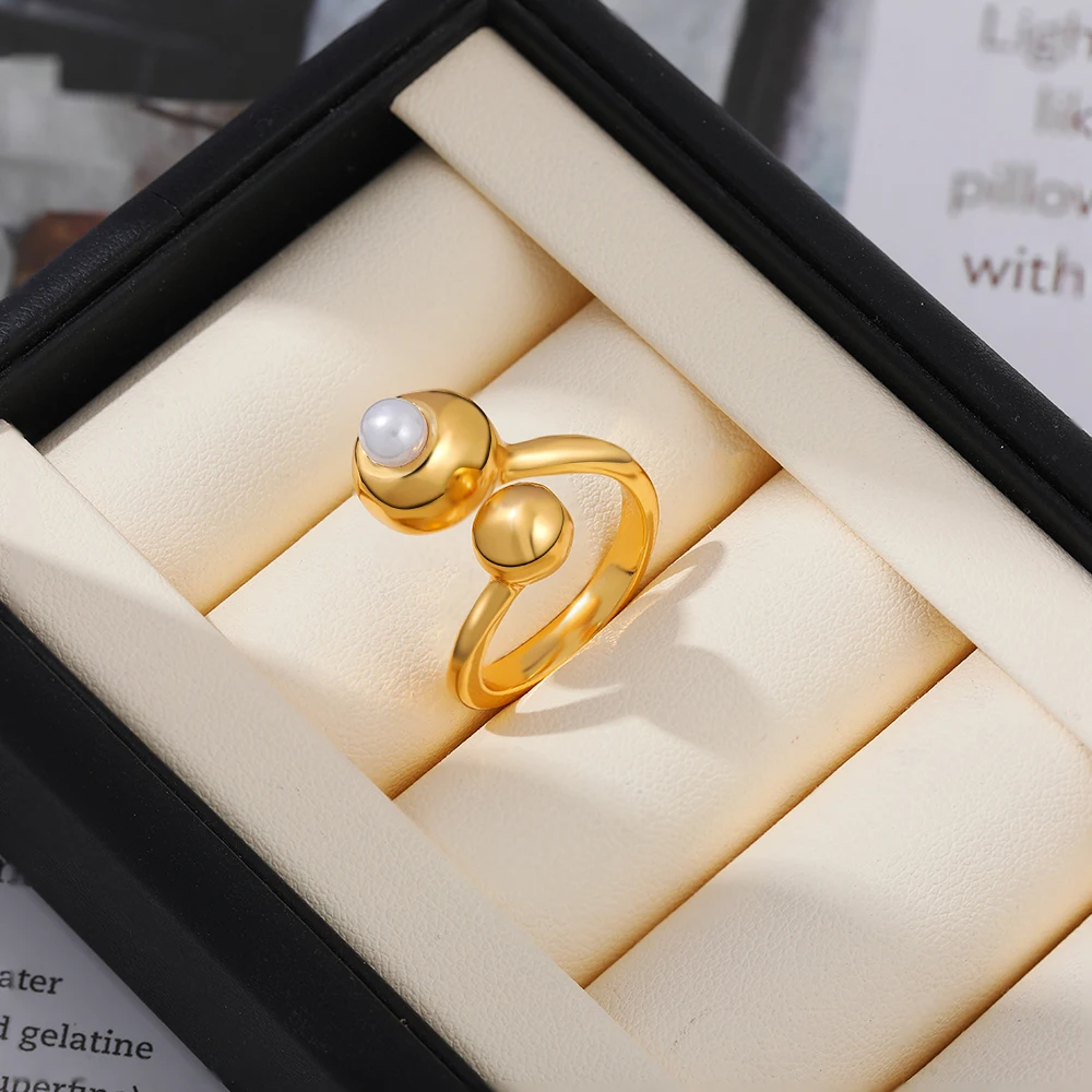 18K Gold Plated PVD Thick Metal Ball Open Knuckle Ring Unique Stainless Steel Imitation Pearl Rings Everyday Fashion Jewelry New