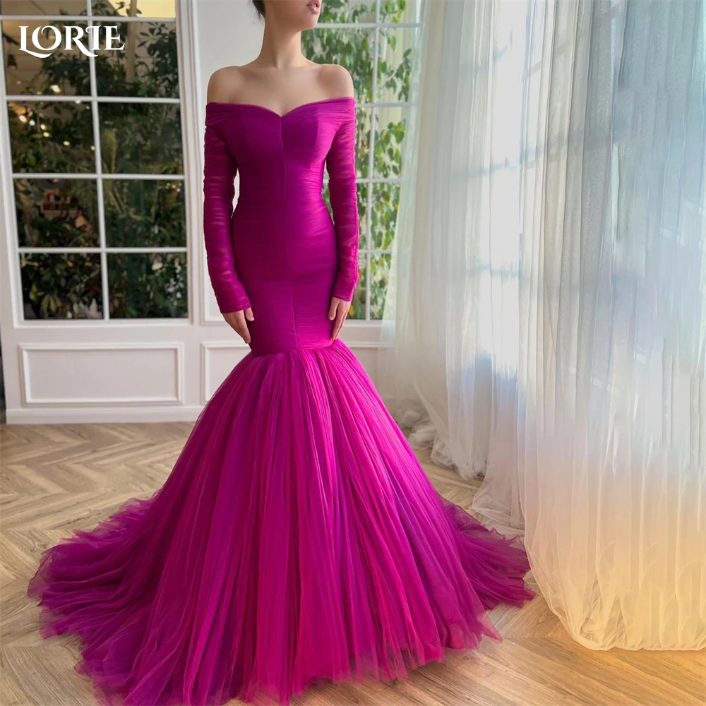 

LORIE Elegant Solid Mermaid Formal Prom Dresses Off Shoulder V-Neck Backless Evening Dress Long Sleeves Puffy Skirt Party Gowns