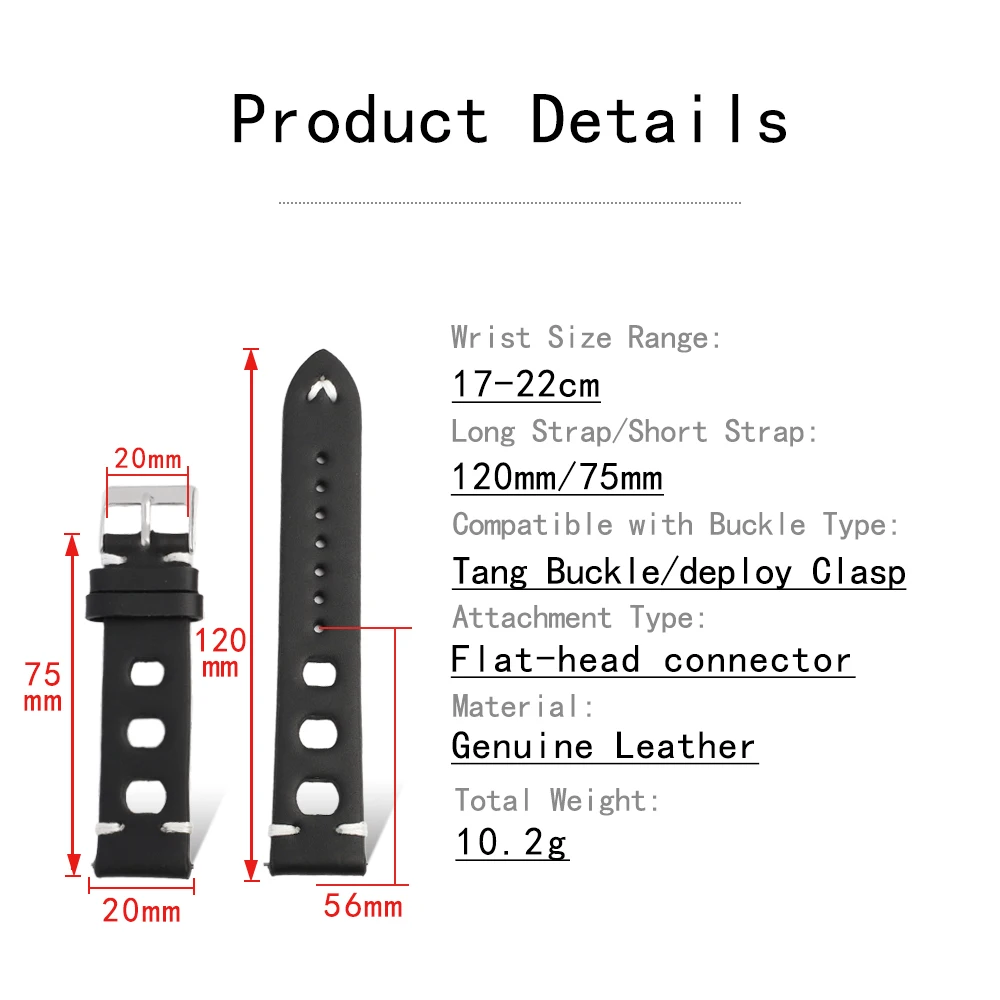 Vintage Genuine Leather Racing Watch Band with Quick Release and Breathable Design, Handmade Stitching