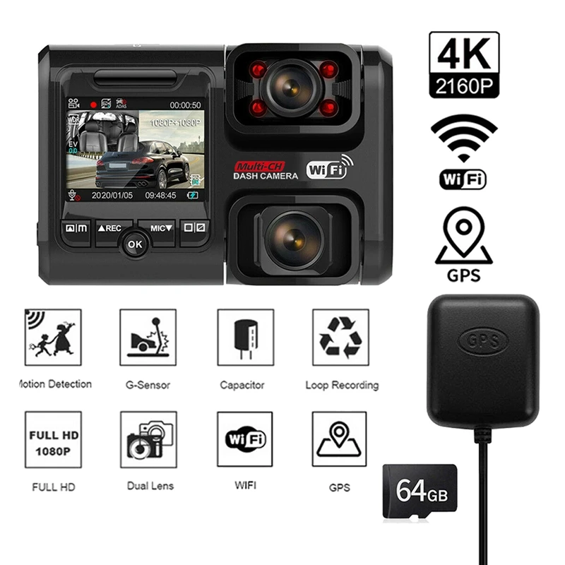 

Видеорегистратор автомобильный, 2160P, Wifi, GPS + карта 64 ГБ
