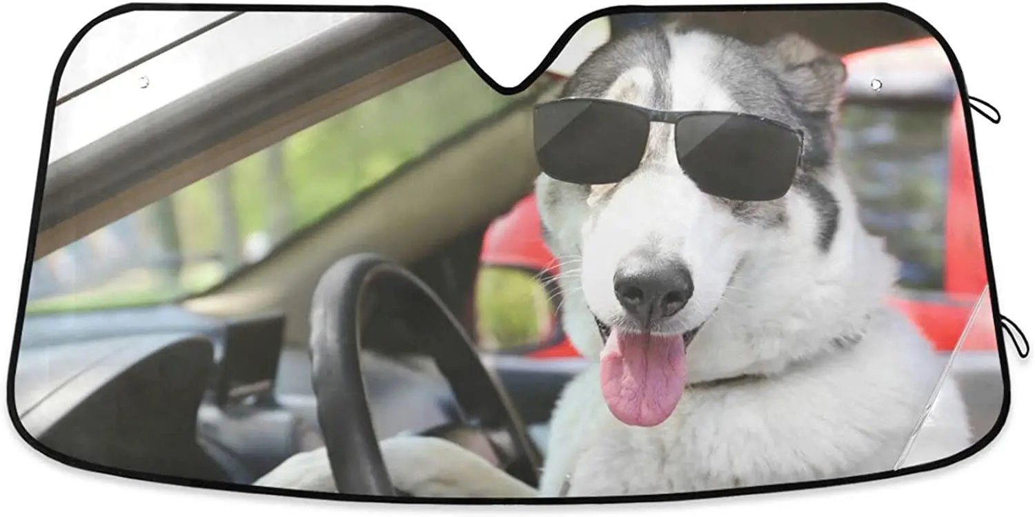 

Windshield Sun Shade for Car Truck & SUV - Cute Dog in Sunglasses Folding Auto Front Window Sunshade, Shield Cover for Car Scree