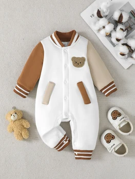 Baby boy bear pattern knitted fleece long sleeved jumpsuit, suitable for autumn and winter seasons 1