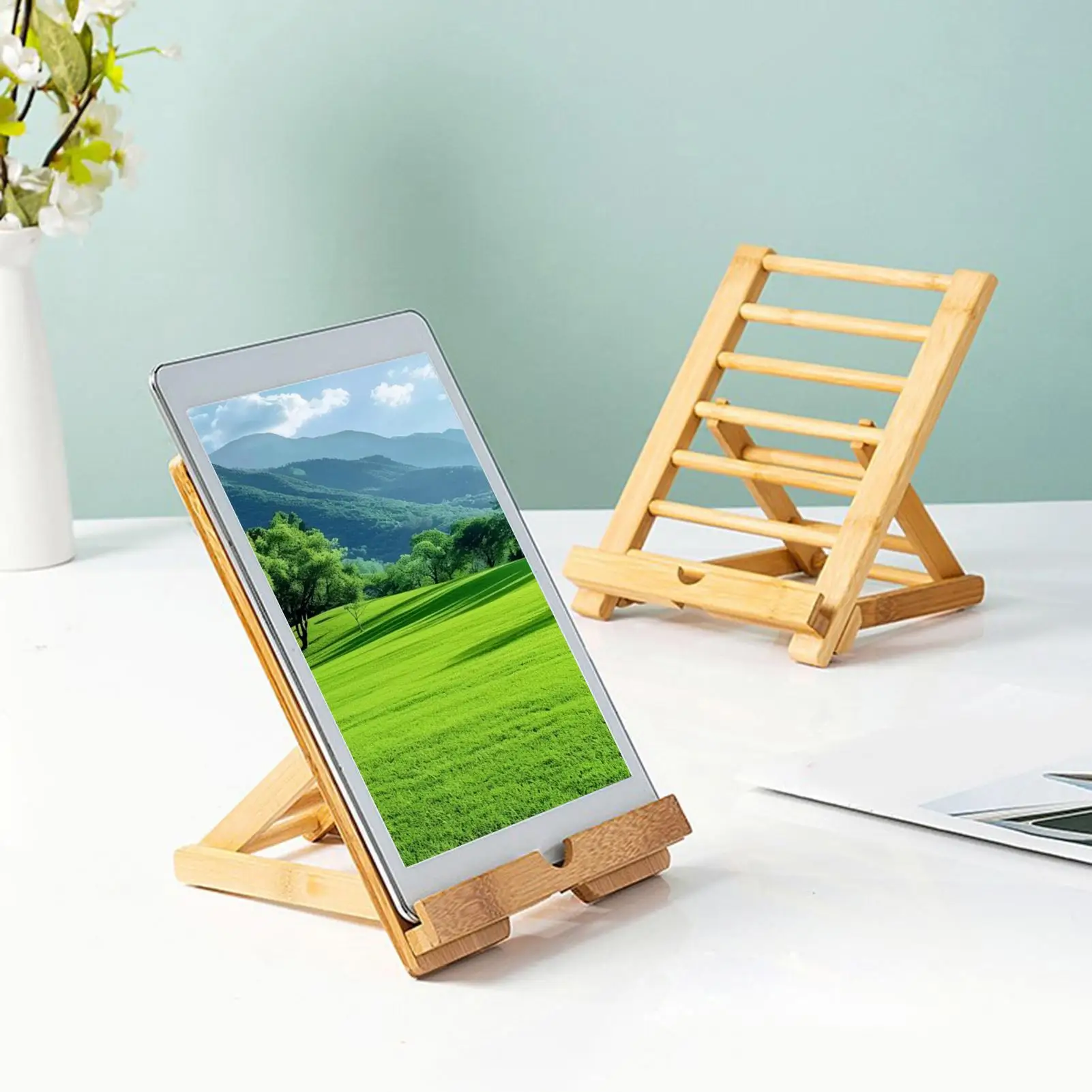 Adjustable Wooden Tablet and Book Holder Stand for Kitchen and Desktop Use