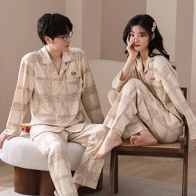 New Sleepwear Couple Men Women Matching Home Suits Cotton Pjs Cardigan Leisure Nightwear Pajamas for Autumn Spring pijama mujer