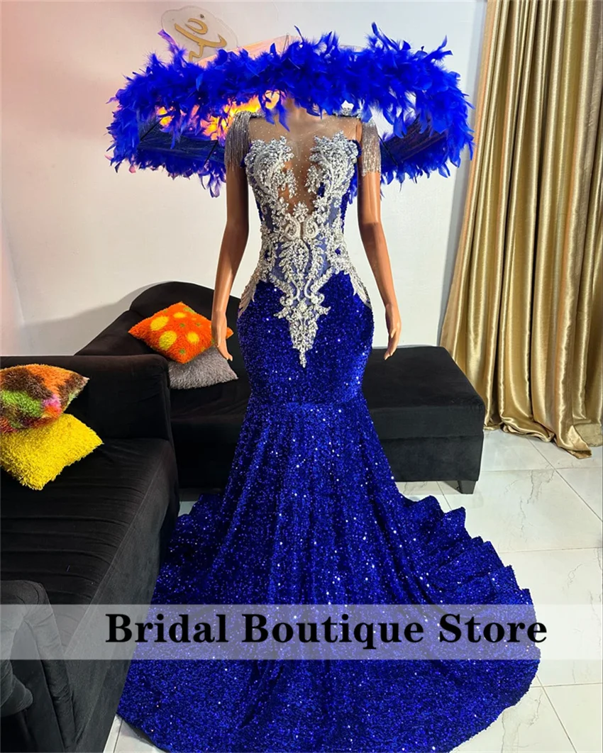 blue african prom dress Mermaid One Shoulder Blue African Prom Dress Beaded Long Evening Gowns  Formal Dress #POL033 main image 0