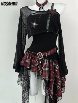Two Peices Set Streetwear Plaid Patchwork Irregular Strapless Dress + Y2k Aesthetic Knitted Hole Cropped Tops Grunge Outfits 1