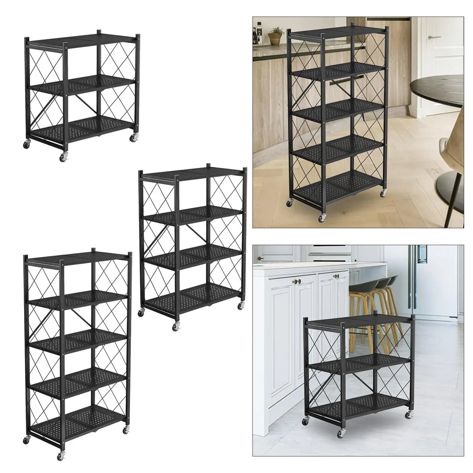 Foldable Storage Rack with Wheels Metal Display Shelf Bookshelf Shelving Unit Trolley Utility Cart for Kitchen Classroom Dorm