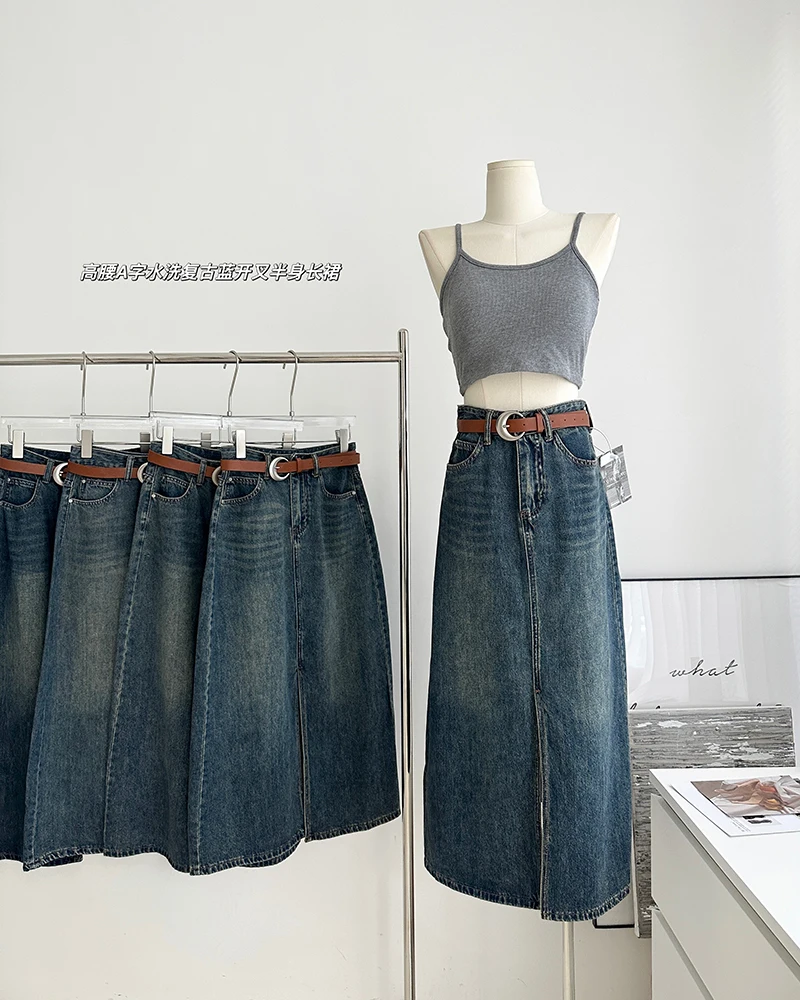

Retro Y2K Denim Street Mid-Length Half Skirt Women's Comfortable Dress Sexy Half High Waist Solid Color Skirt