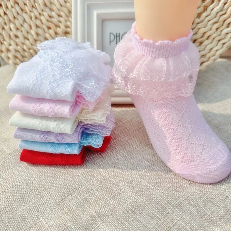 Baby Kids Cotton Lace Ruffle Short Ankle Socks Cute Princess Mesh White Stitch Socks for 1-13T Infant Baby Girls Boys Children