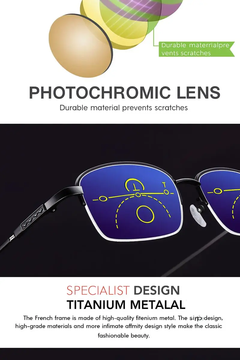 Anpassung Photochrome Multifokale Lesebrille Männer Progressive Anti-Blue Ray Business Brille Halbrahmen Brillen 1,0-3,5 – Detail 5