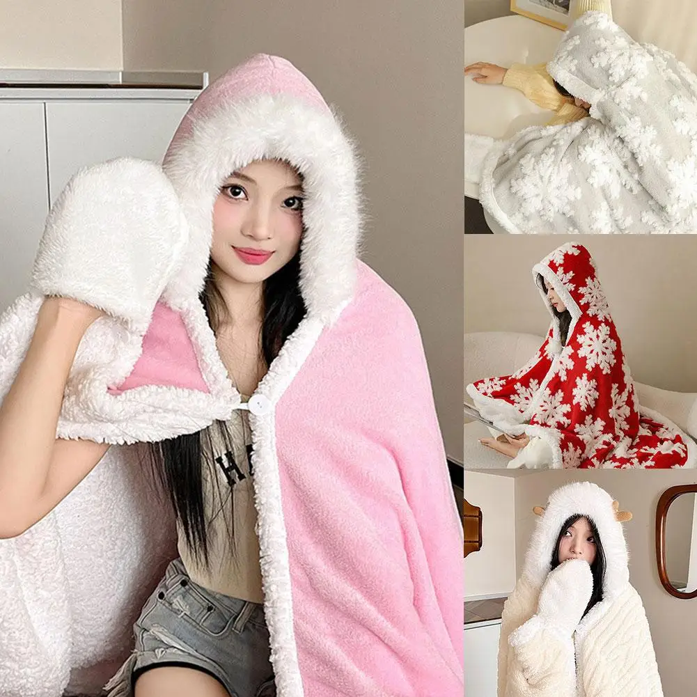 

Merry Christmas Snowflakes Cape Winter Warm Lazy Working With Plush Quilt Hoodie Shawl Nap Hat Cloak Wearable Small Soft Bl G8w9