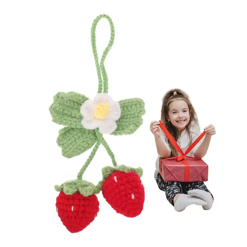 

Knitted Car Mirror Hanger Cute Handmade Strawberry Car Pendant Decor Funny Car Accessories Crochet Strawberry Ornament Pendant