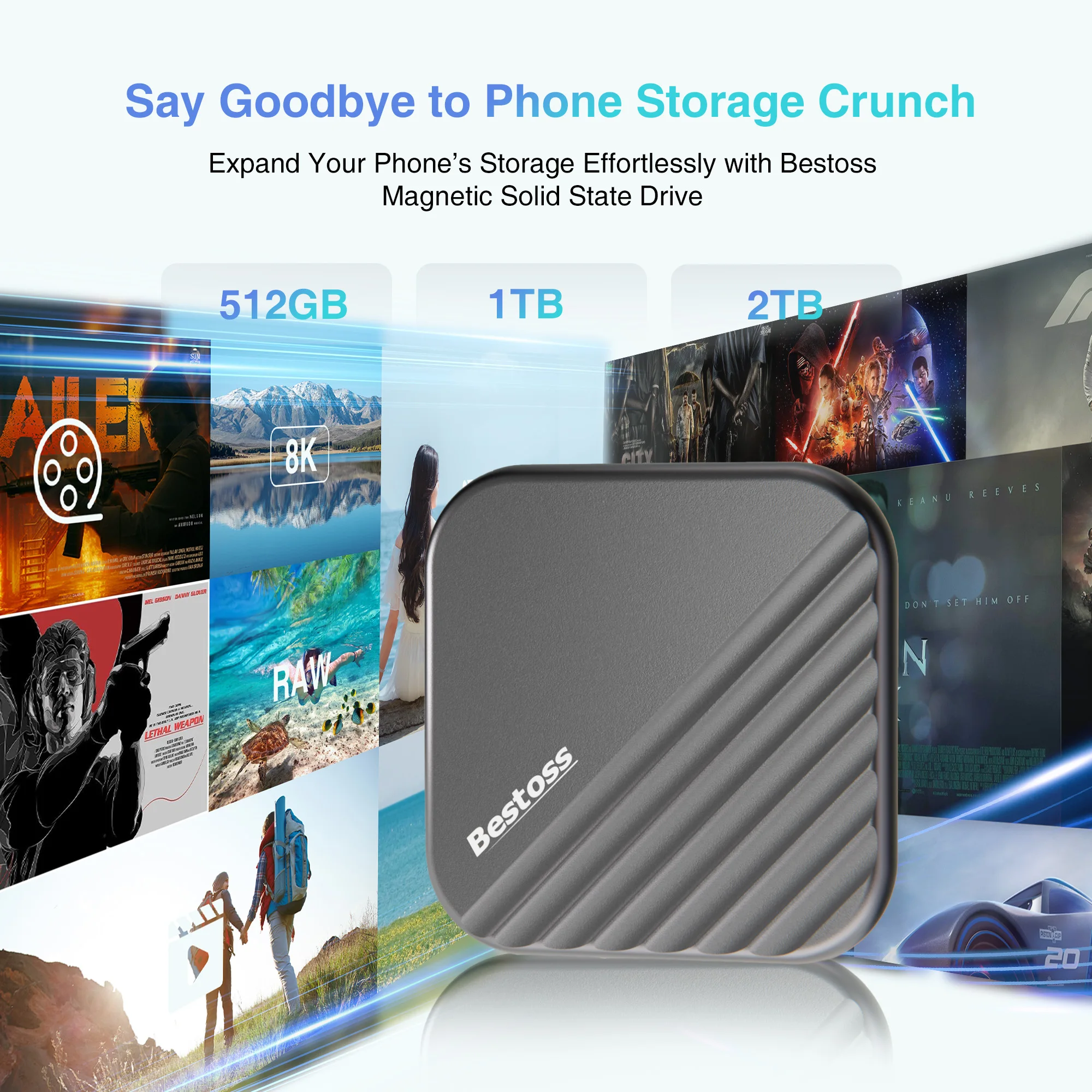 베스토스 마그네틱 휴대용 SSD 외장 고속 전송 512GB 1TB 2TB 컴퓨터 또는 휴대폰용