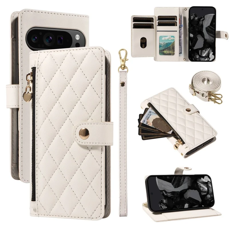 Elegant Leather Zipper Flip Phone Case with Long Lanyard and Wrist Strap Wallet