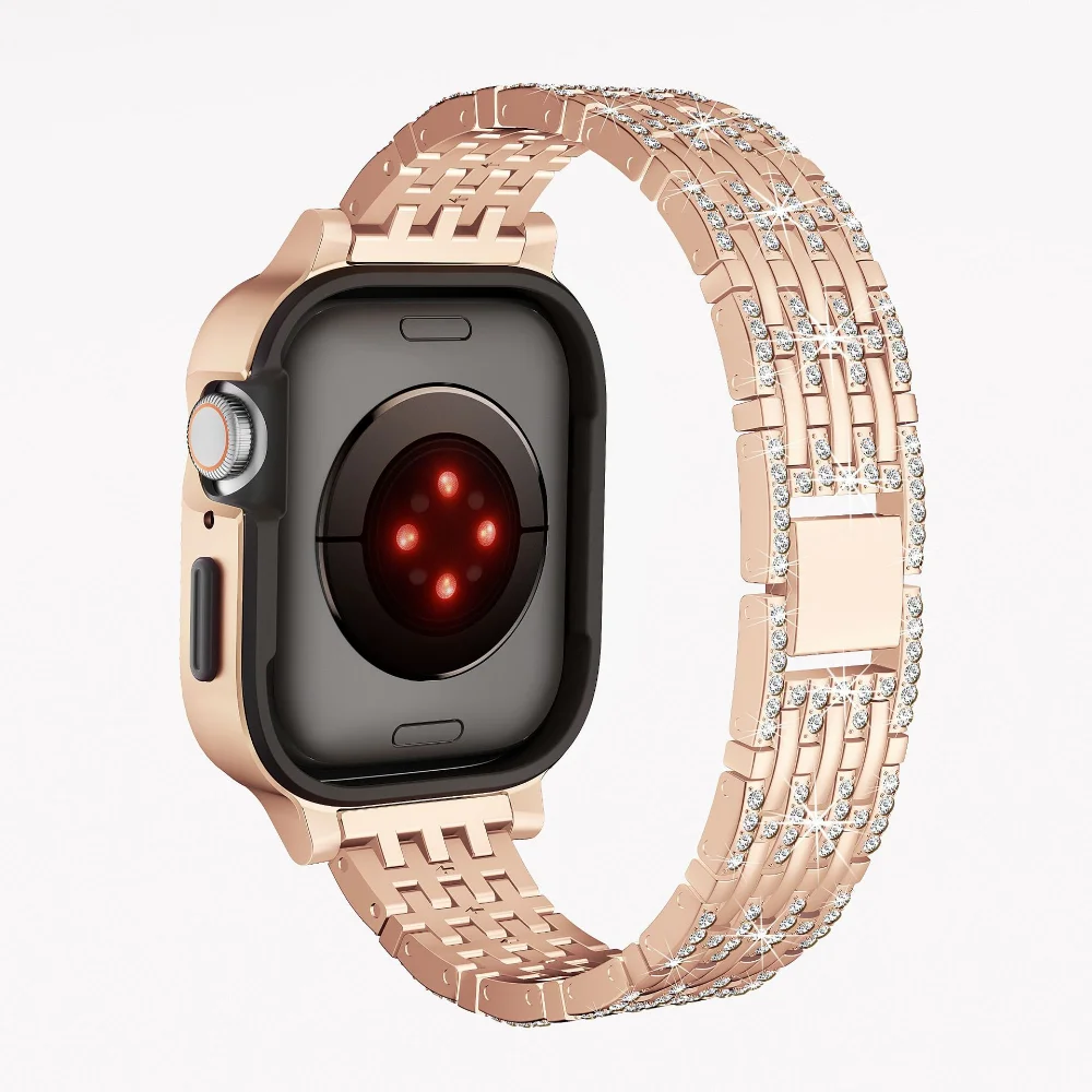 Diamond Case+Strap for Apple Watch 45mm 41mm 44mm 40mm Metal Bracelet Wristband for iWatch Series 8 7 6 5 4 SE Protective Shell
