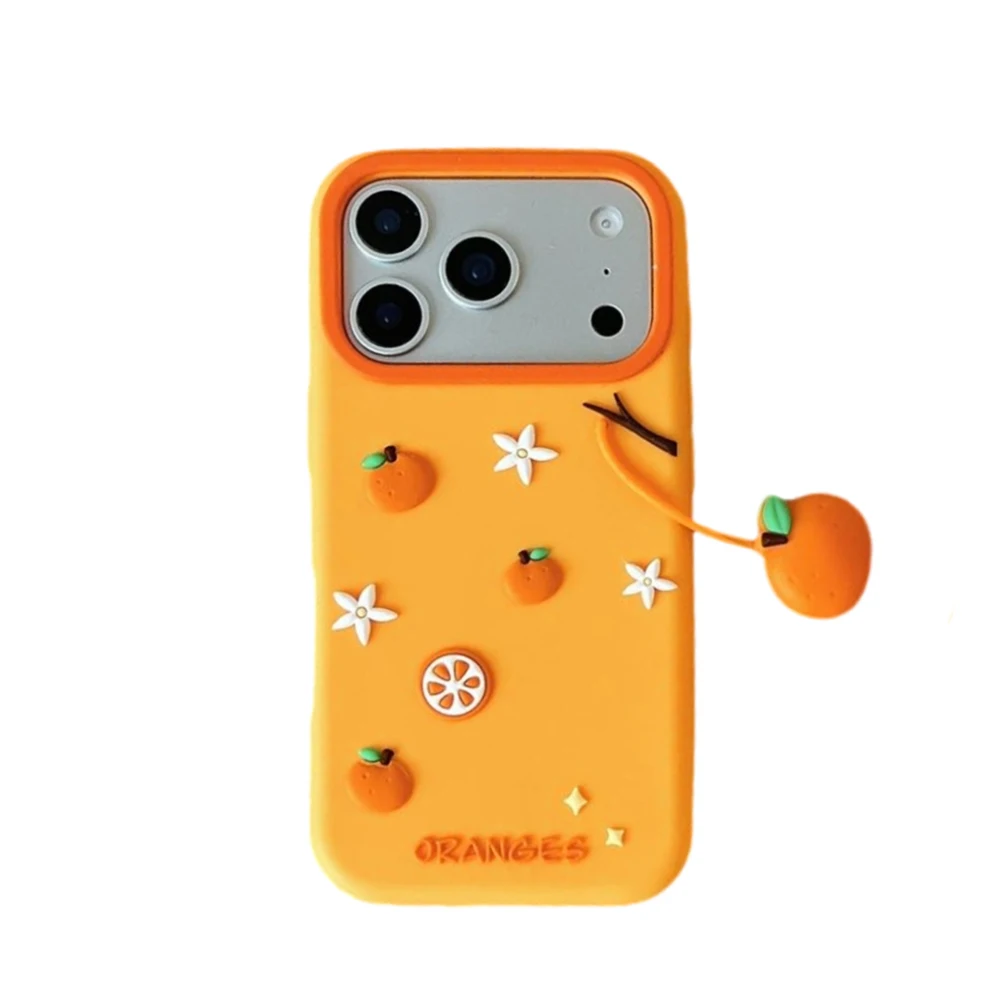 Cute 3D Orange Silicone Case with Pendant - Fun and Shockproof Cover