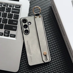 Luxury Sheepskin Leather Wrist Strap Phone Case - Shockproof Matte Hard Cover - Galaxy S23 Ultra (Light Gray)