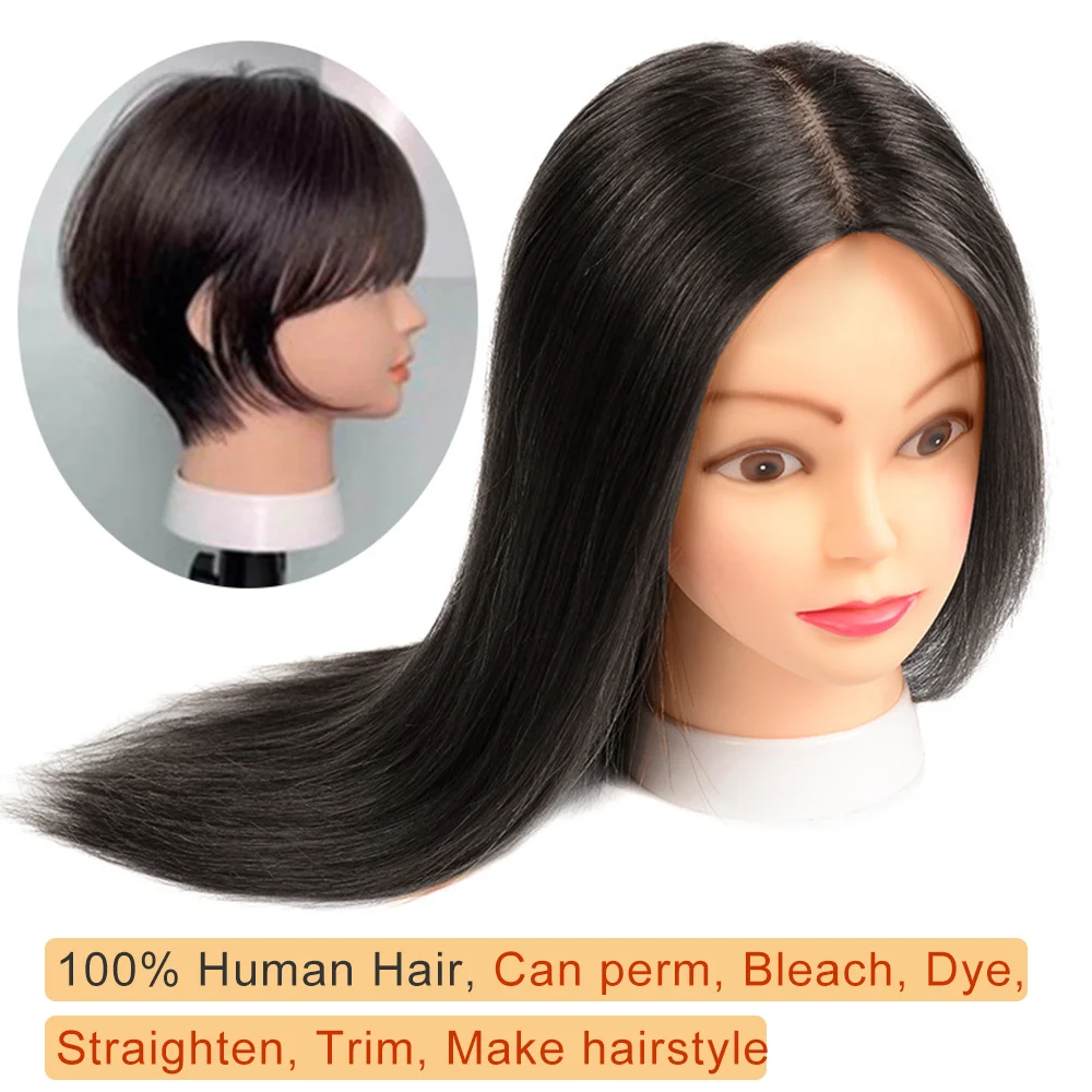 Cabeza de Maniquí de cabello humano 100% para peluquería, cabeza de muñeca para práctica de peinados